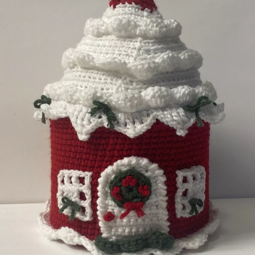 Handmade Crochet Christmas House Cookie Jar